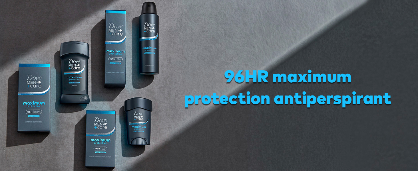 Full range of Dove Men+Care products touched by sunlight next to text about 96HR Maximum Protection