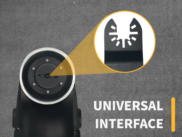 A black power tool attachment with a circular saw blade. A magnified inset shows a universal interface connector. Text reads 'UNIVERSAL INTERFACE'.
