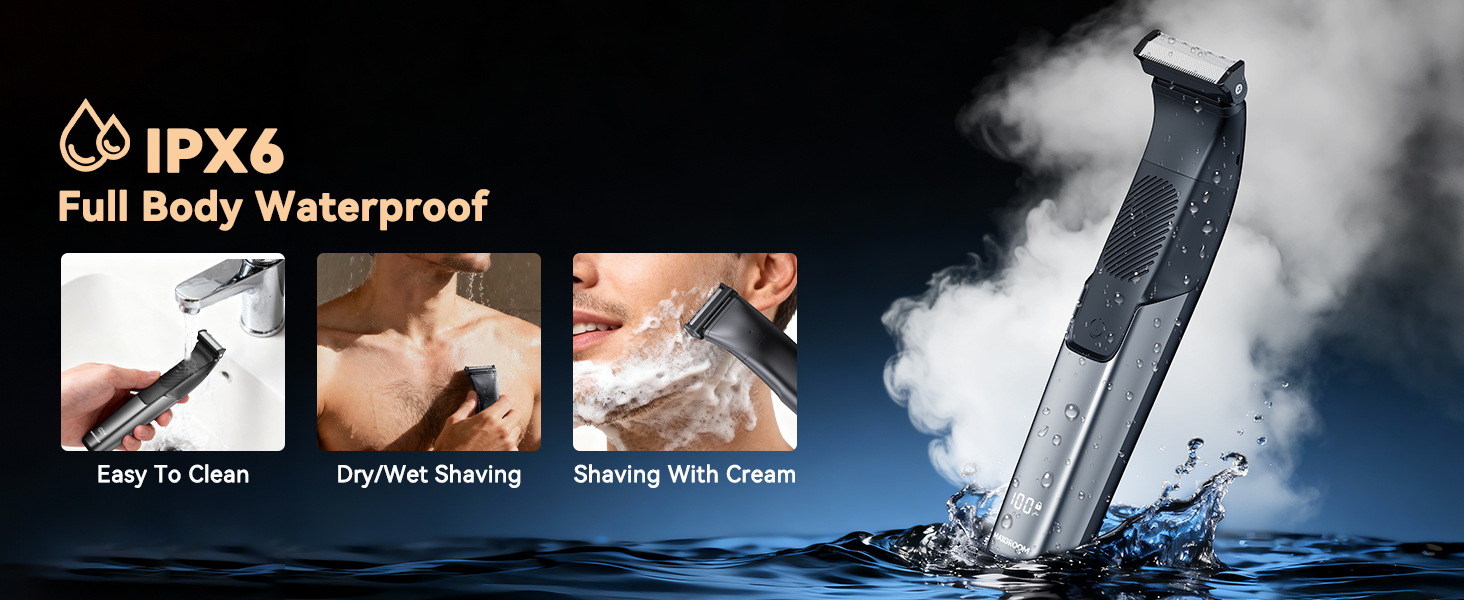 Text reads 'IPX6'. Series of product images showing waterproof electronic device being cleaned and sprayed with water, demonstrating water resistance features.