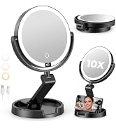 Lighted Travel Makeup Mirror,1X/10X Magnification,3 Light Modes,Black | Double Sided Magnificatio...