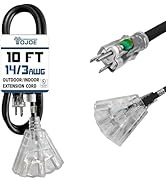 YOJOE 3-Outlet Indoor/Outdoor Extension Cord with Lighted End, 14 Gauge, 10 ft Black, 15A, 1875W,...