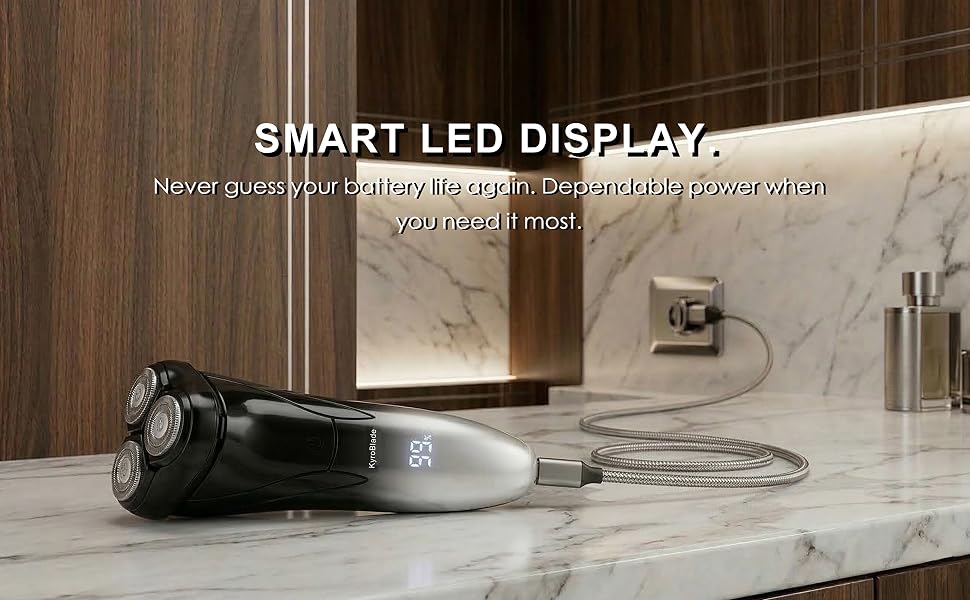 Smart LED display shaver showing battery life with Type C charging for dependable power