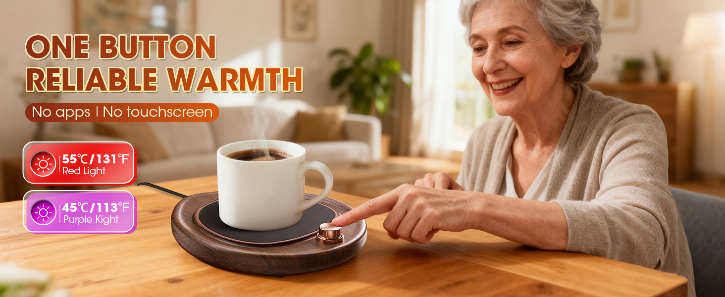 Text reads 'ONE BUTTON' and 'RELIABLE WARMTH'. Product demonstration images showing electronic device usage in home setting with red temperature indicator.