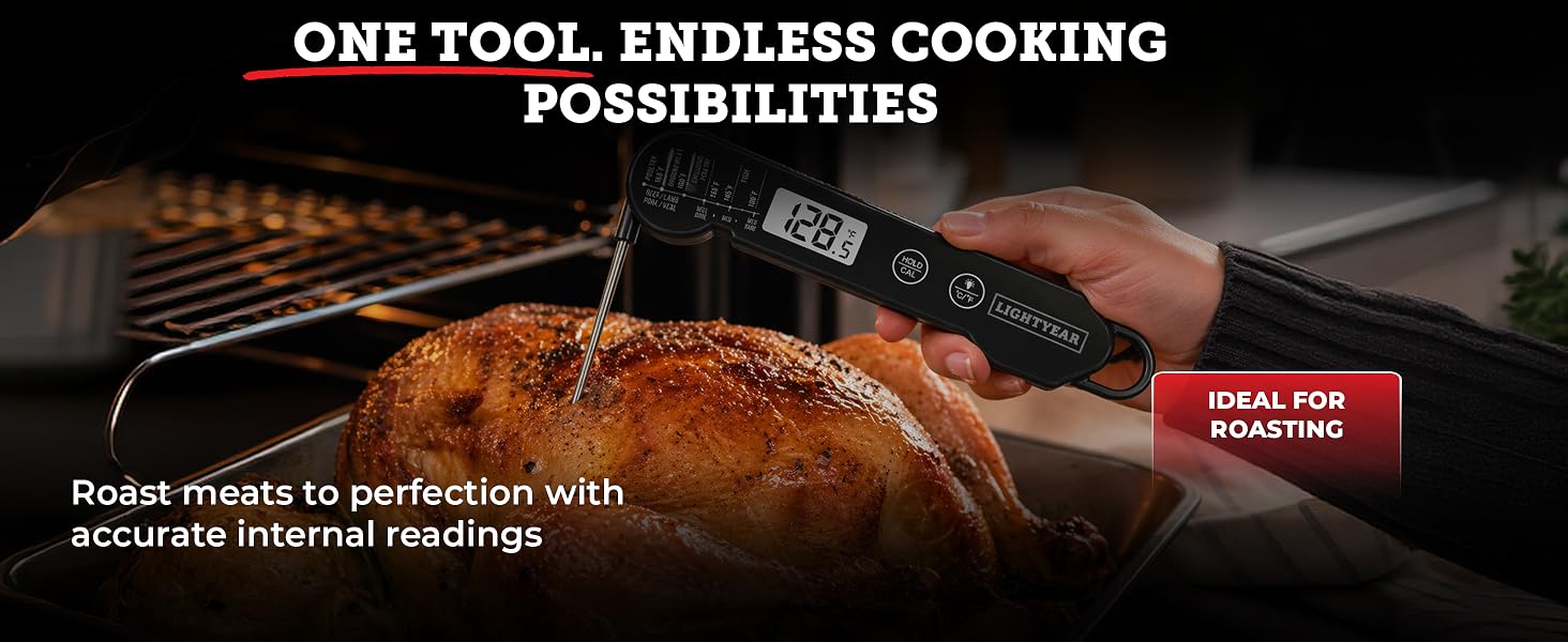 thermometer being used across multiple cooking methods including roasting, grilling and BBQ