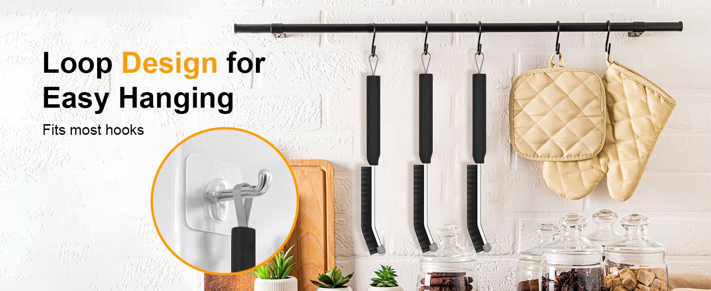 Text reads 'Loop Design for Easy Hanging' and 'Fits most hooks'. Kitchen wall storage showing mounted hooks with beige pot holder and utensils against white wall.