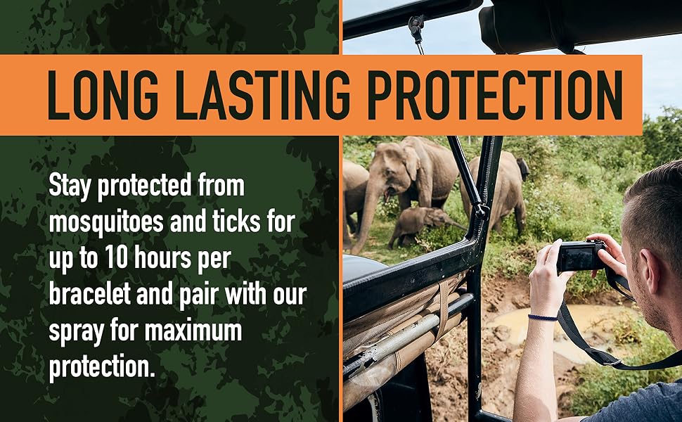 Split image: Text about mosquito protection for 10 hours using bracelet and spray. Person's arm near elephant in safari vehicle.
