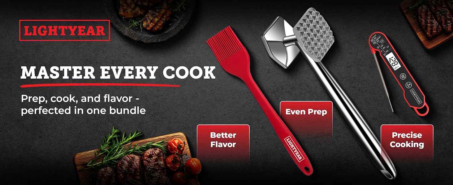 3-piece BBQ bundle featuring meat hammer, instant read thermometer and silicone basting brush