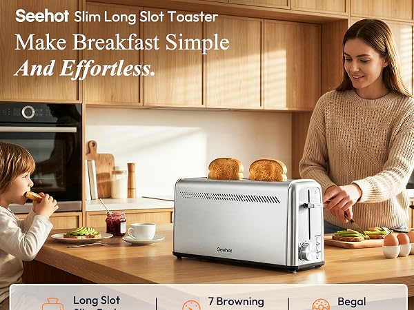 Slim long slot toaster