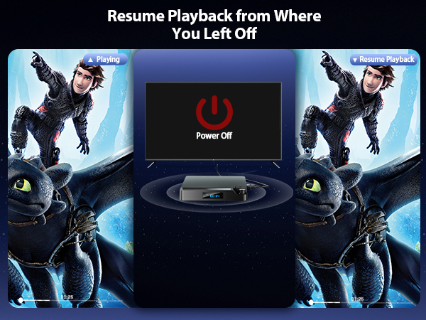 Text reads 'Resume Playback from Where You Left Off'. Screenshot of video player interface with play controls and a robot or mechanical figure visible in the background.