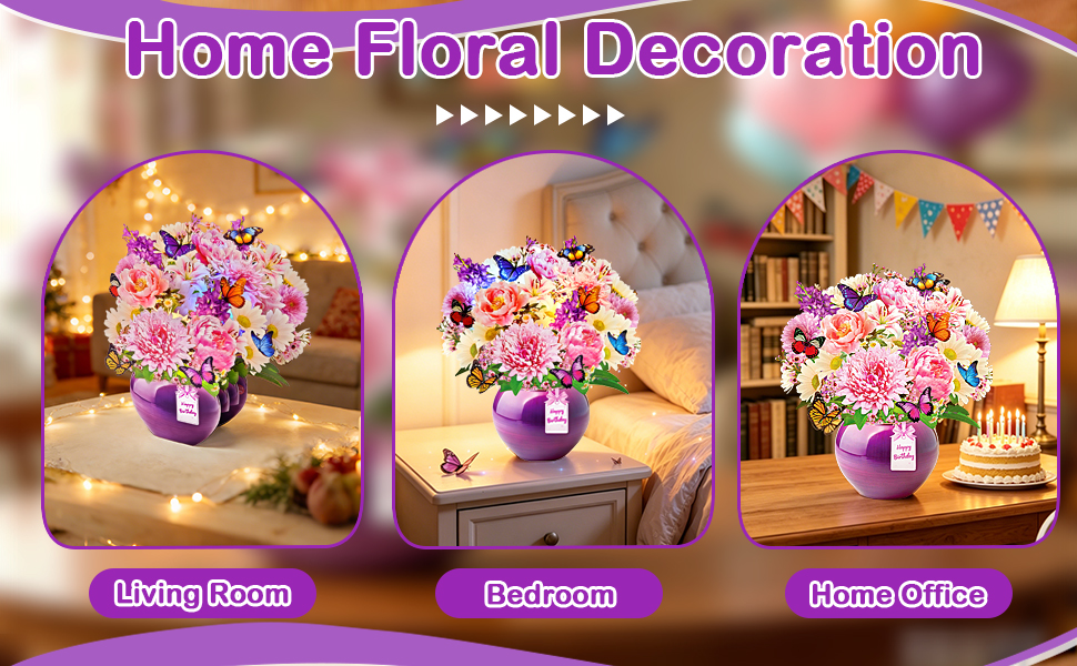 Text reads 'Home Floral Decoration' with sections labeled 'Living Room', 'Bedroom', 'Dinner Office'. Three interior room scenes showcasing purple floral arrangement in white vase placed in different home settings.