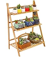 Ufine Bamboo Ladder Plant Stand 3 Tier Foldable Flower Pot Display Shelf Rack for Indoor Outdoor ...