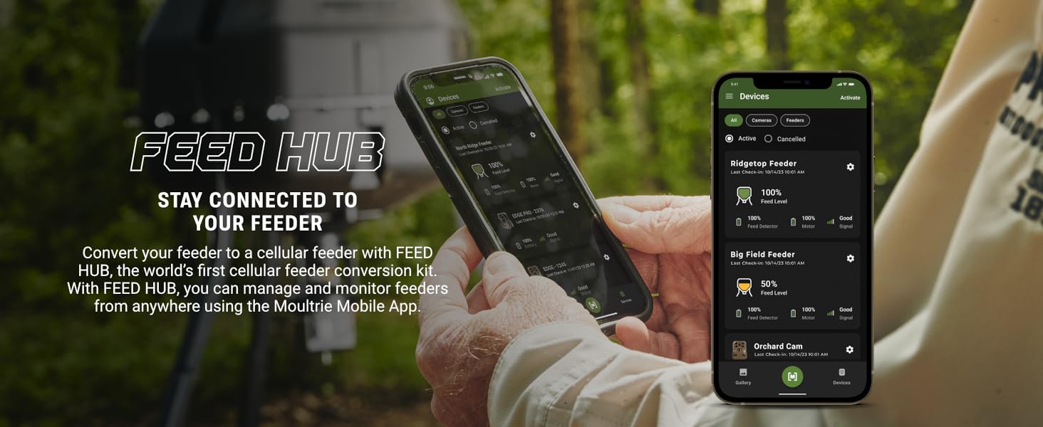 Moultrie app managing feeders remotely with Feed Hub conversion.