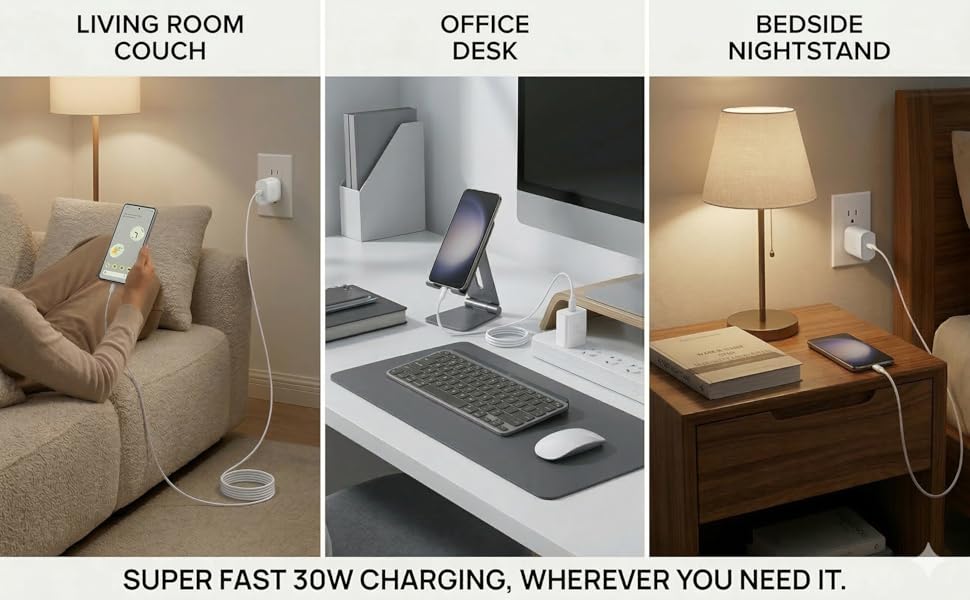 30W USB C charger use cases for office, bedroom, and living room
