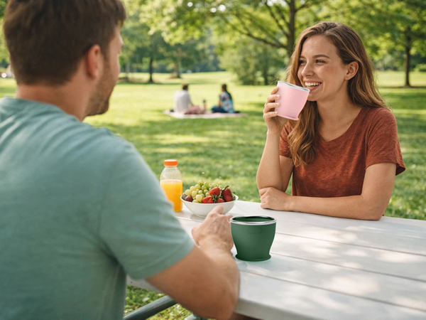 Drink beverages from a camping cup while camping outdoors.