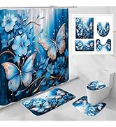 Litabel 4 Pcs Blue Floral Butterfly Shower Curtain Set with Non-Slip Rugs, Modern Chic Toilet Lid...