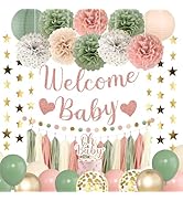 Amandir Girl Baby Shower Decorations Pink Sage Green Balloons Welcome Baby Banner, Cake Topper, P...