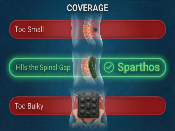 Spinal gap coverage comparison showing Sparthos lower back brace pad fitting the natural spine curve