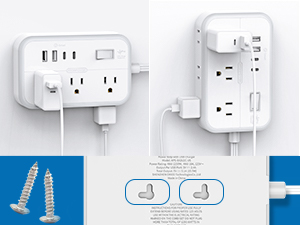 Flat Extension Cord Outlets Extender Power Strip surge protector with multiple usb ports WALL MOUNT