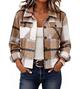 Zeagoo Flannels for Women Cropped Shacket Jacket Fashion Plaid Fall Coat | Button down crop jacke...