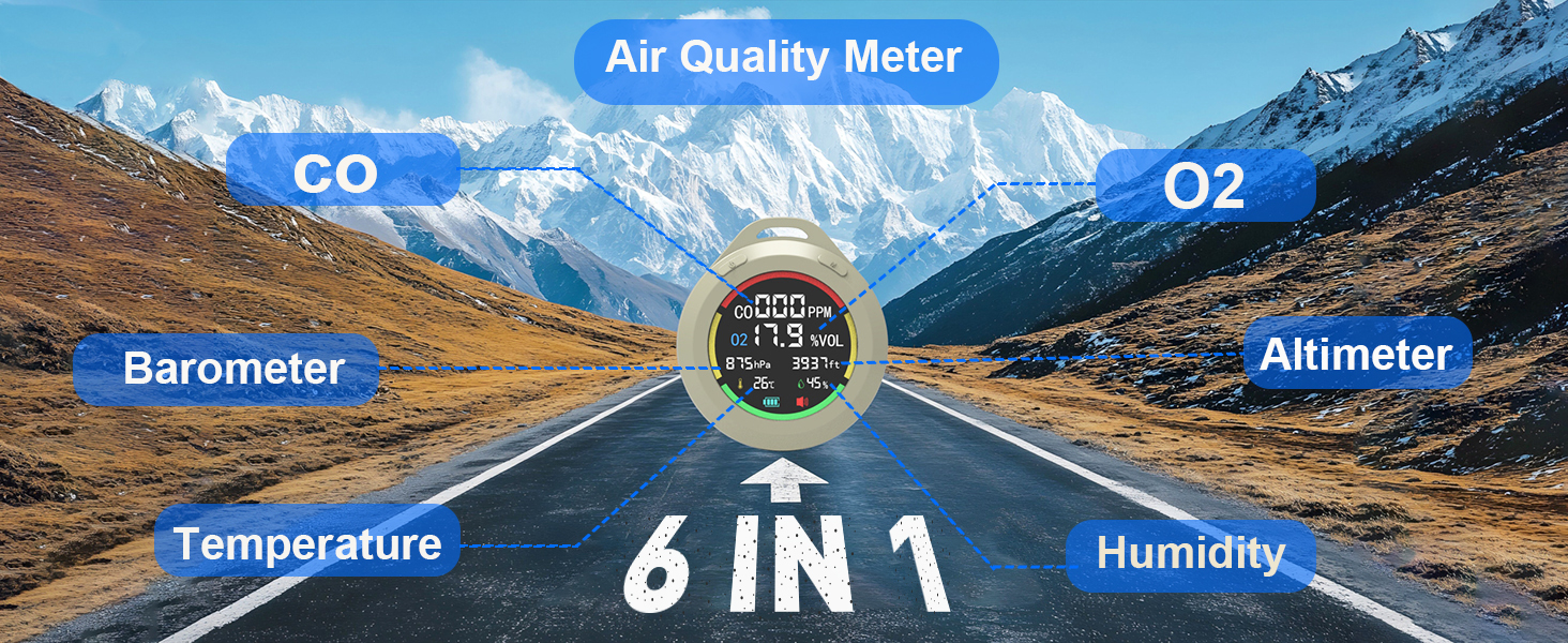 6-IN-1 portable oxygen meter with co detector, altimeter, barometer, Temp &amp; RH sensors