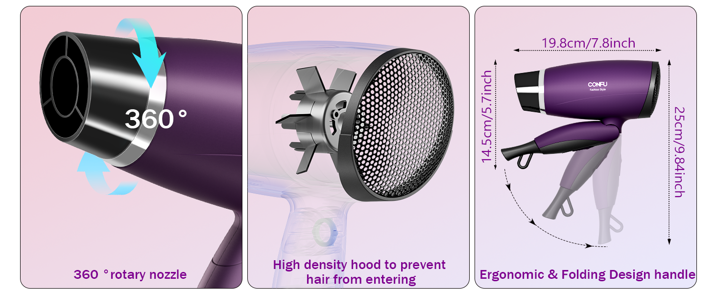 360°rotary nozzle|High density hood to preventhair from entering|Ergonomic &amp; Folding Design handle