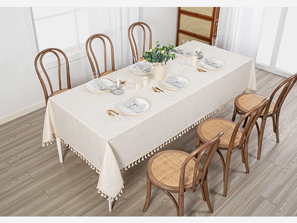 Wrinkle Free Table Cover with Beige Tassels for Kitchen Dining, Party