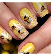 Sunflower Bee Press On Nails Short Round Yellow Fake Nails Glossy Bee &amp;Floral Full Cover False Na...