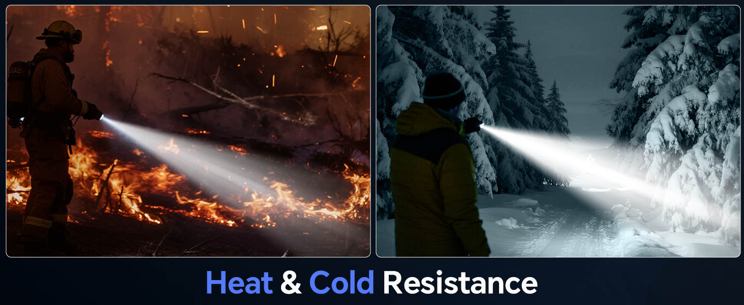 Text reads 'Heat &amp; Cold Resistance'. Split image showing fire/heat exposure on left and water/ice exposure on right, demonstrating temperature resistance properties.
