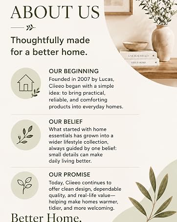 Text reads "ABOUT US" with tagline "Thoughtfully made for a better home." Features icons and text describing "OUR BEGINNING," "OUR BELIEF," and "OUR PROMISE" sections with decorative botanical elements and the phrase "Better Home, Better Life."