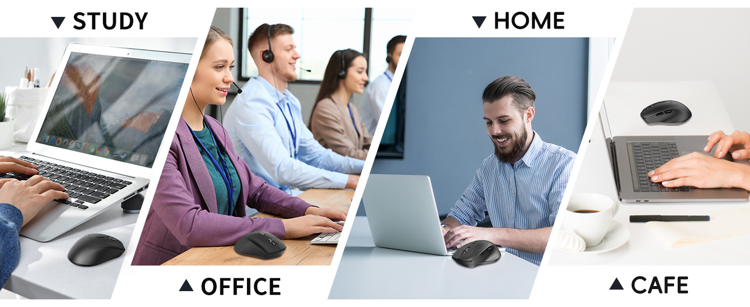 The mouse can be used in multiple scenarios: office, home, library, and coffee shop