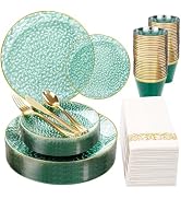 DaYammi 175 Pcs Green Plastic Plates Dinnerware Set (25 Guests), Hammered Plates Sets, Green Part...