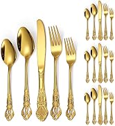 A · HOUSEWARE Gold Silverware Set for 4 Vintage Hollow Relief Stainless Steel Flatware 20 Piece C...