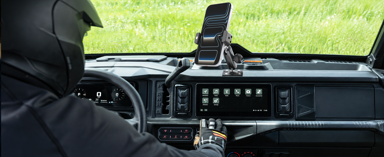 Drill base phone mount for semi trucks and forklifts with secure metal construction.
