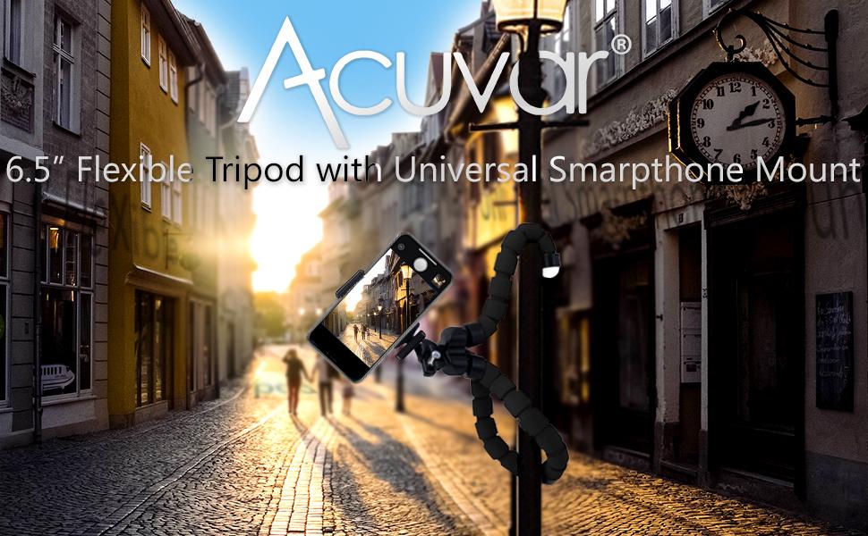 Acuvar 6.5” flexible tripod with universal smartphone mount, perfect for travel and photography