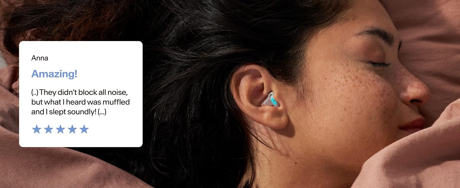 Five-star customer review with person sleeping wearing Alpine SleepDeep earplugs