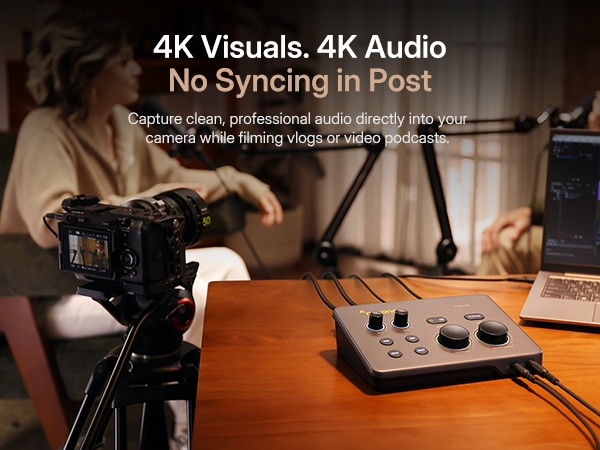 Two creators filming video podcast vlog with camera and Maono P2 audio interface