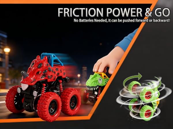 Text reads 'FRICTION POWER &amp; GO'. Marketing image showing red toy vehicles and green glowing elements against black background with orange accents.