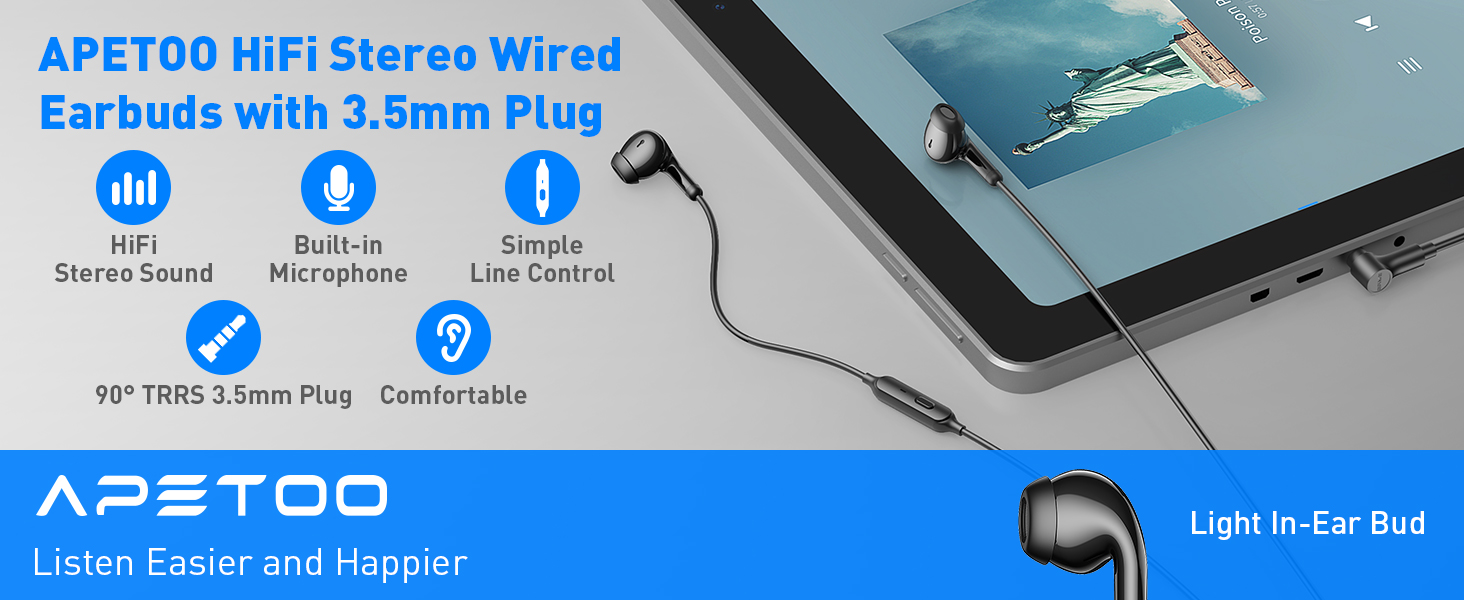 wired earbuds with 90 degree 3.5mm plug