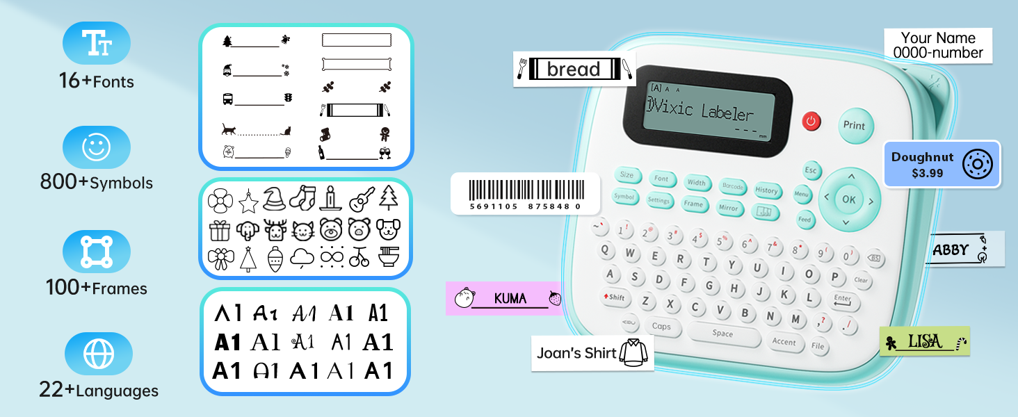 D210S label maker with different fonts, symbols, and frames