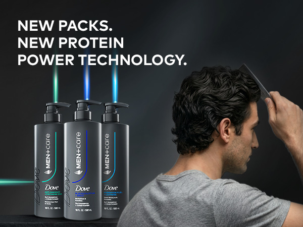 Dove Men Care: A man with dark hair styles, Text reads: "NEW PACKS. NEW PROTEIN POWER TECHNOLOGY."