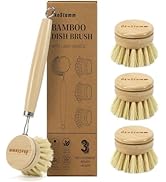 ÖkoStamm Bamboo Dish Brush with Long Handle - Natural Dish Scrubber Brush Set Includes 4 Replacem...
