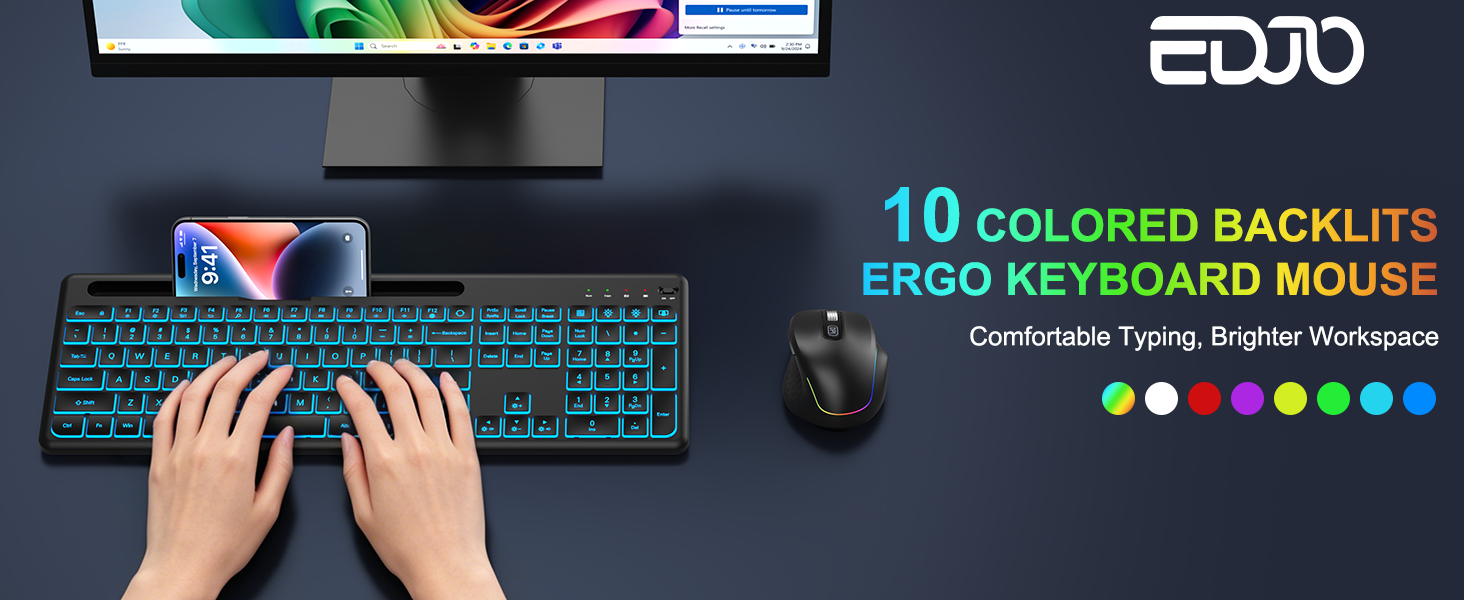 Wireless Keyboard and Mouse Combo -10 Colored Backlits, Phone Holder | Rechargeable