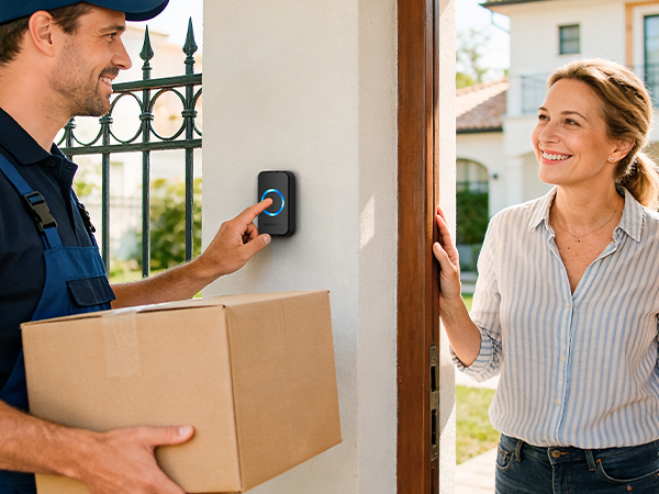 Series of product lifestyle photos showing delivery service interaction - person in uniform delivers package while recipient answers door and signs for delivery.