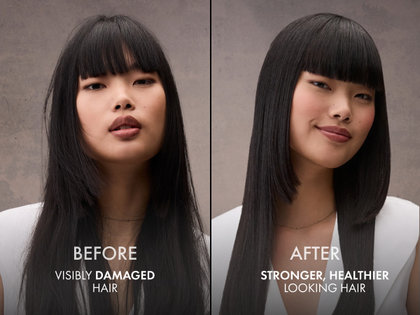 Two pictures of the same woman with her hair going from damaged to stronger and healthier looking.