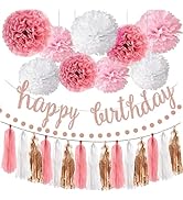 OuMuaMua Pink Rose Gold Birthday Party Decorations Set, Rose Gold Glittery Happy Birthday banner,...