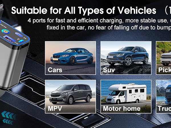 car charger features four charging ports for fast charging,for all types of Vehicles 12V-24V