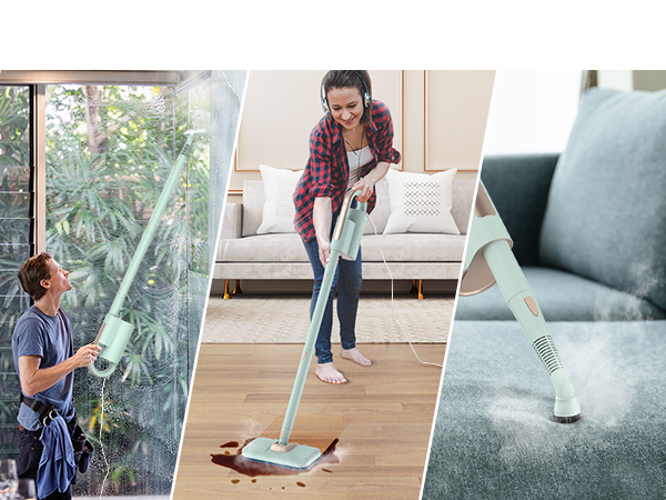 Three-panel image showing spray mop in use on different surfaces: cleaning windows, mopping hardwood floor, and detailing upholstered furniture.