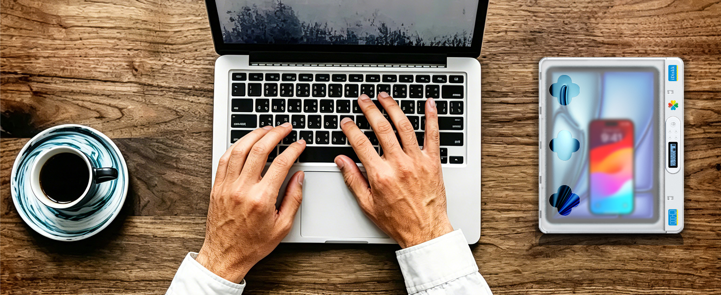 Overhead workspace view: hands typing on laptop keyboard, white coffee cup with saucer, and smartphone with colorful screen display on wooden table.