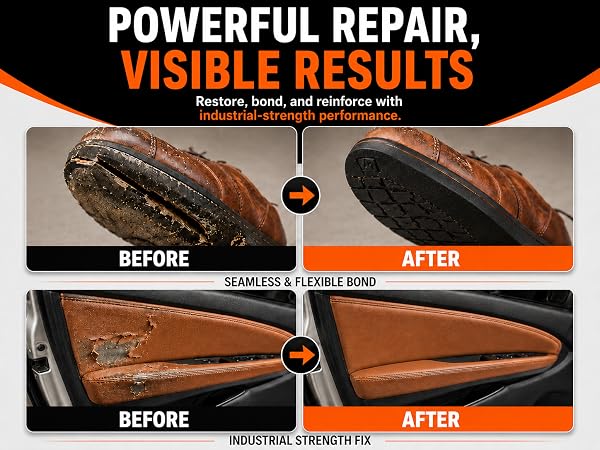 Contact cement repairs shoe soles and car interior leather with visible results