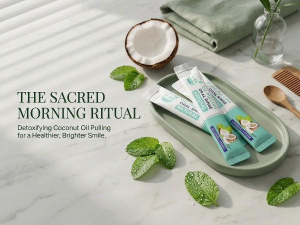 The Sacred Morning Ritual: Coconut oil pulling mouthwash packets on a marble counter.